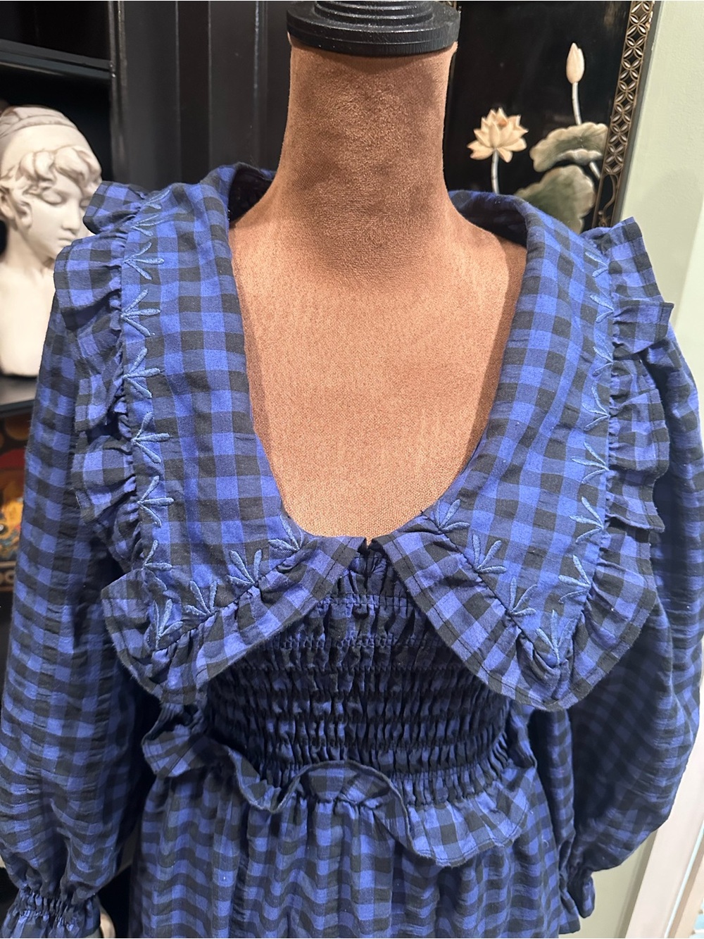 MANGO Blue & Black Gingham Smocked Babydoll Dress – Size 2 - Picture 2 of 16
